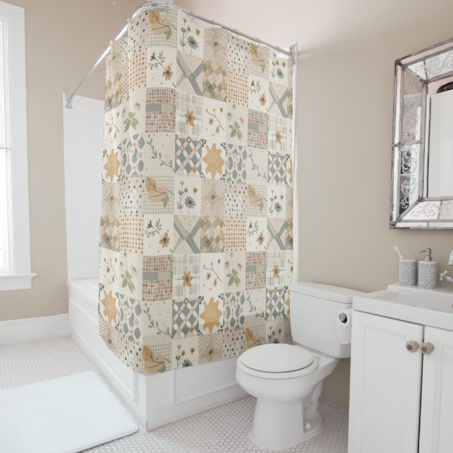 Beige Patchwork Quilt Rustic Floral Retro  (In Situ)