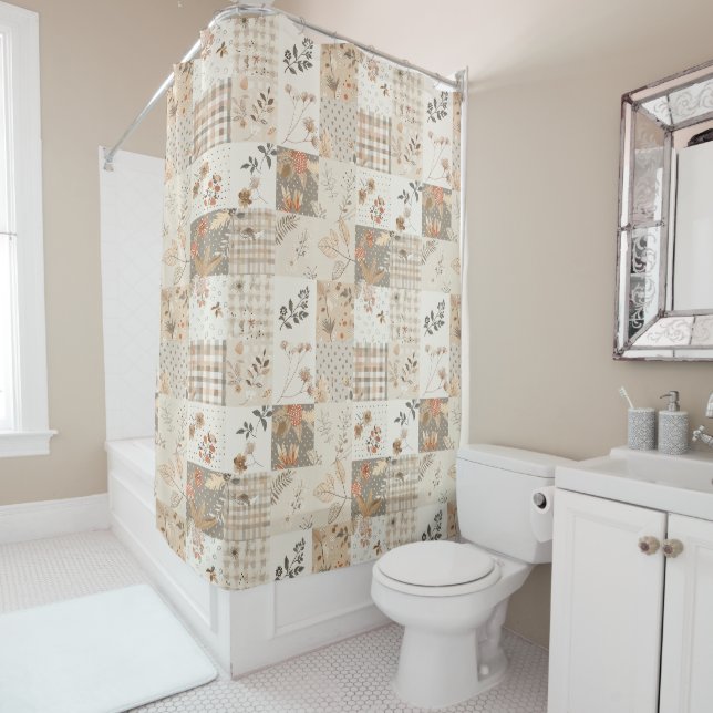 Beige Patchwork Quilt Rustic Floral Retro  (In Situ)