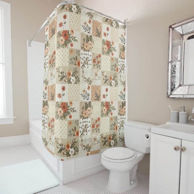 Beige Patchwork Quilt Rustic Floral Retro  (In Situ)