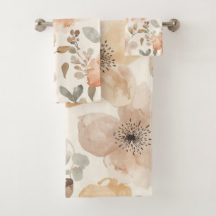 Beige Peach Floral Watercolor Botanical Pattern Bath Towel Set