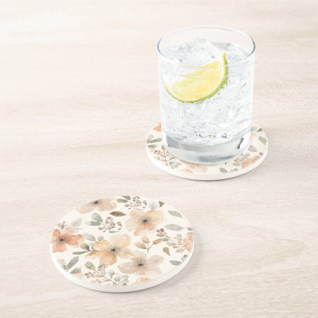 Beige Peach Floral Watercolor Botanical Pattern Coaster (Side)
