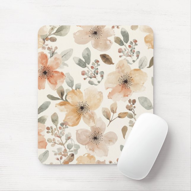 Beige Peach Floral Watercolor Botanical Pattern Mouse Pad (With Mouse)