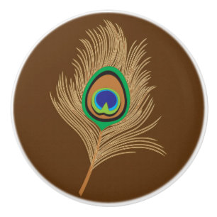 Beige Peacock Feather on Chocolate Brown Ceramic Knob