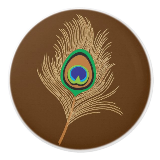 Beige Peacock Feather on Chocolate Brown Ceramic Knob (Front)