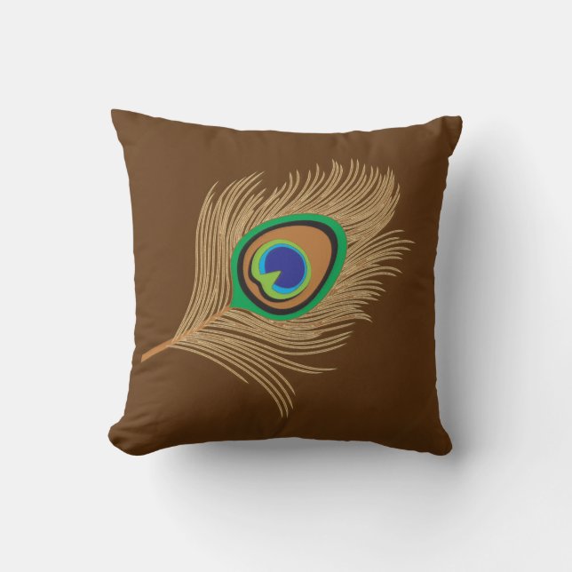 Beige Peacock Feather on Chocolate Brown Throw Pillow (Front)