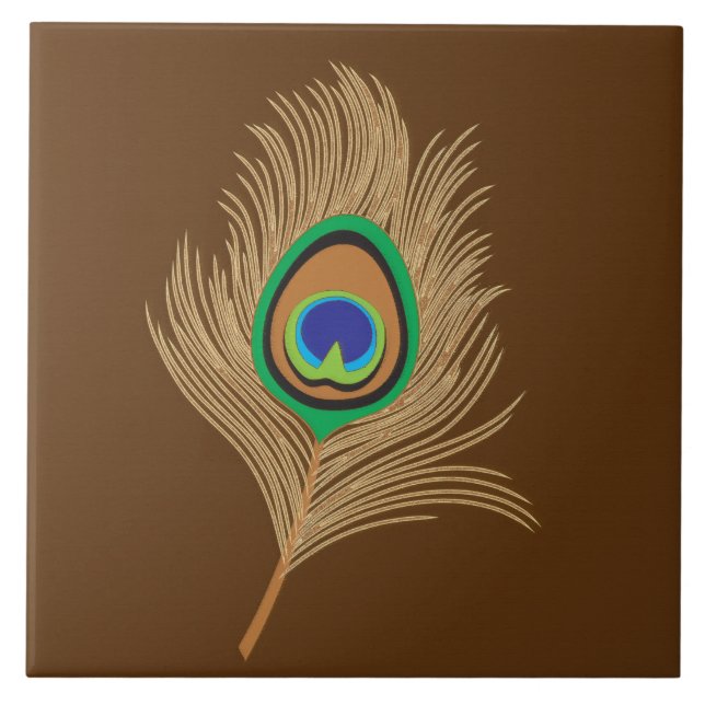 Beige Peacock Feather on Chocolate Brown Tile (Front)