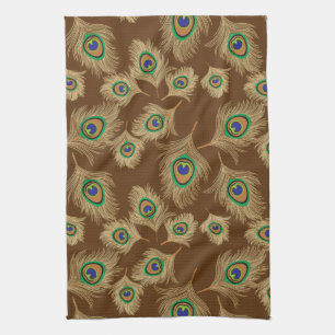 Beige Peacock Feathers on Chocolate Brown Kitchen Towel