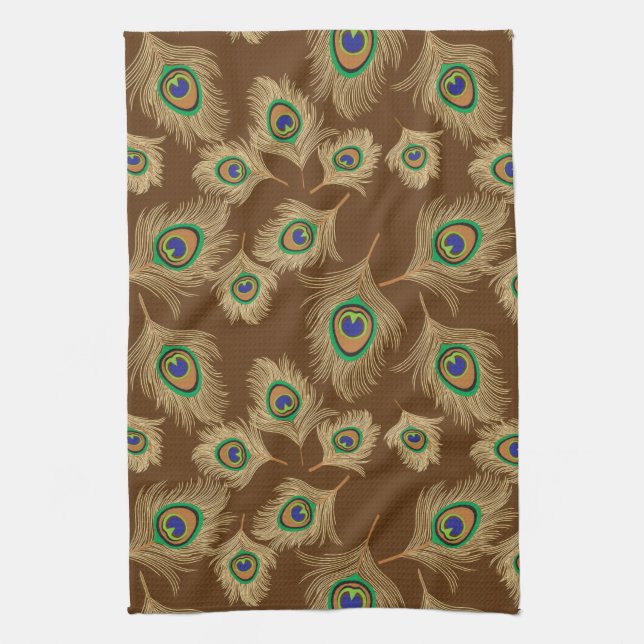 Beige Peacock Feathers on Chocolate Brown Kitchen Towel (Vertical)