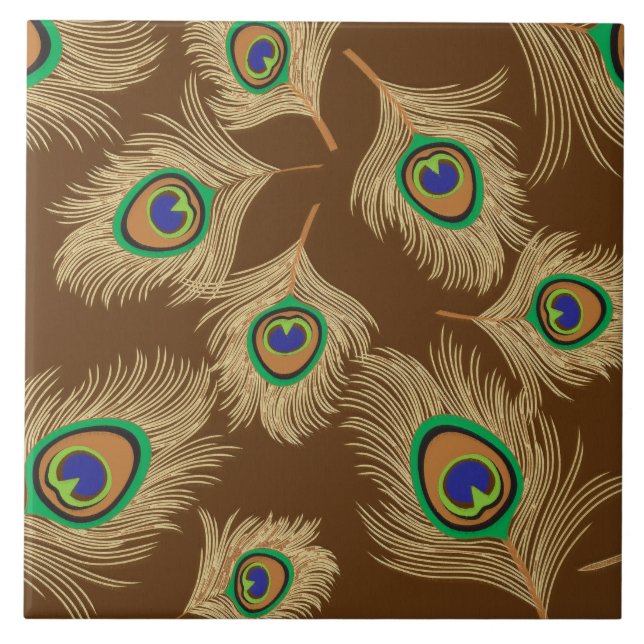 Beige Peacock Feathers on Chocolate Brown Tile (Front)