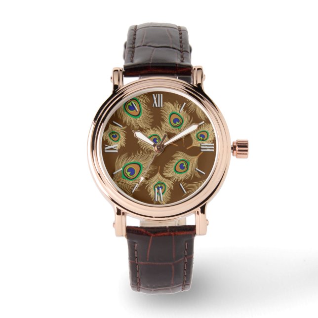 Beige Peacock Feathers on Chocolate Brown Watch (Front)