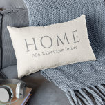 Beige Personalized Home Typography with Address Lumbar Pillow<br><div class="desc">Personalize your living space with this unique custom design featuring the word "HOME" in large lovely typeface. Beneath this text is a text template for personalizing with your street address. This pillow is shown in a neutral light beige with grey text, a versatile colour scheme that works well with many...</div>