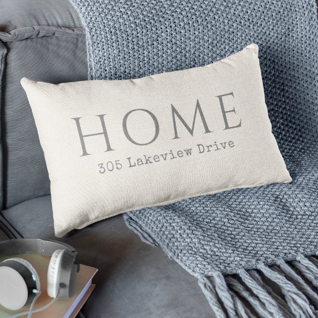 Beige Personalized Home Typography with Address Lumbar Pillow (A custom design for your home to personalize with your street address.)