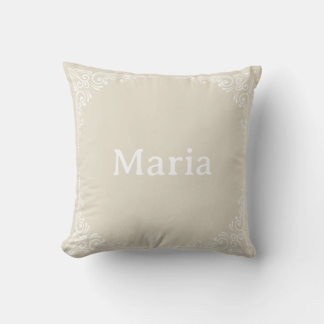 Beige Personalized Modern Elegant Typography Name Throw Pillow (Front)