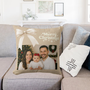 Beige photo cream bow Christmas Throw Pillow
