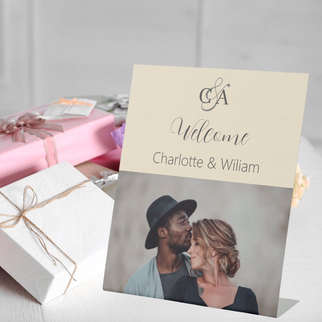 Beige photo monogram wedding welcome sign (Creator Uploaded)
