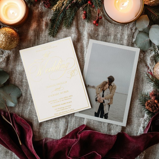 Beige photo script border wedding gold (Beige photo script border wedding gold foil invitation)