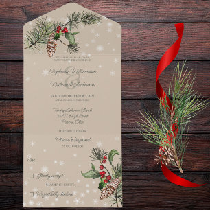 Beige Pine & Holly in Snow All In One Invitation
