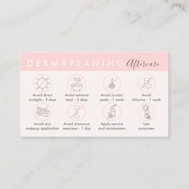 Beige Pink Dermaplaning Aftercare Post Instruction Business Card (Back)