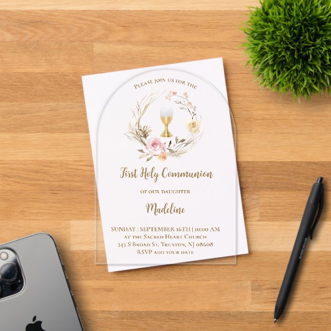beige pink flowers | First Communion Acrylic Invitations (Insitu (Invitation Card))
