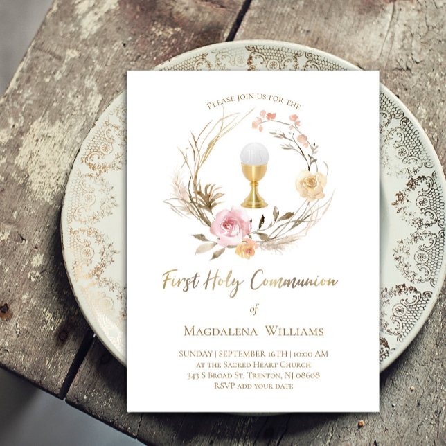 beige pink flowers | First Communion Invitation (Creator Uploaded)
