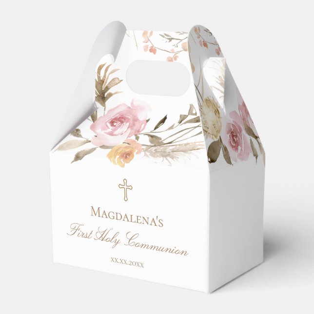 beige pink flowers First Holy Communion Favor Box (Front Side)