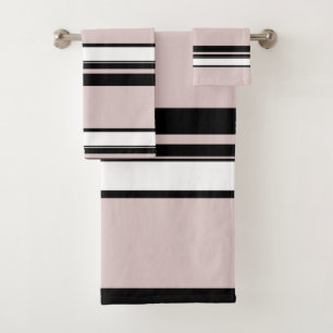 Beige Pink White Black Stripes Classy Stripe Bath Towel Set