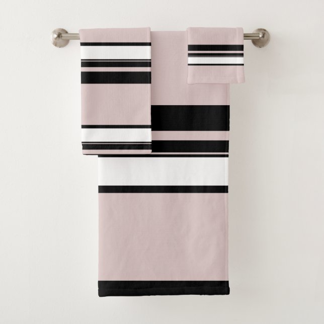 Beige Pink White Black Stripes Classy Stripe Bath Towel Set (Insitu)