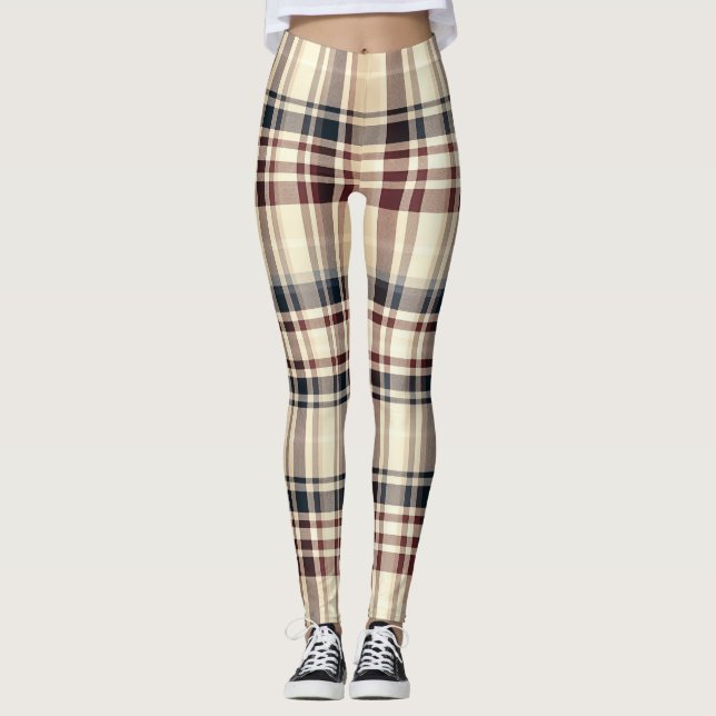 Beige Plaid Classic Chequered Pattern Leggings (Front)