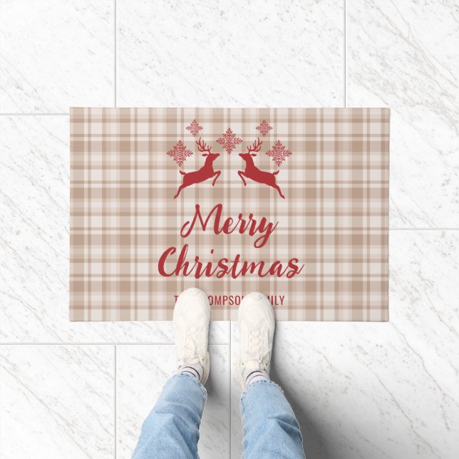 Beige Plaid Red Deer Merry Christmas Custom Name Doormat (Indoor)