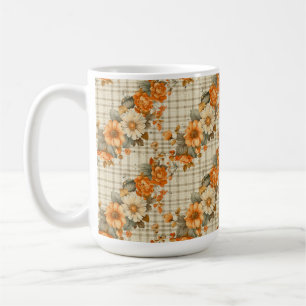 BEIGE PLAID WITH ORANGE & YELLOW FALL FLOWERS COFFEE MUG
