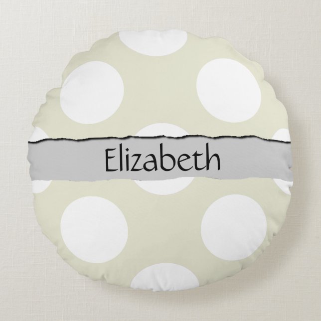 Beige Polka Dots, Polka Dot Pattern, Your Name Round Pillow (Front)