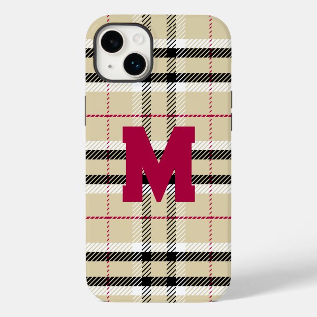 Beige Preppy Plaid Fashion Monogram Personalized Case-Mate iPhone Case (Back)
