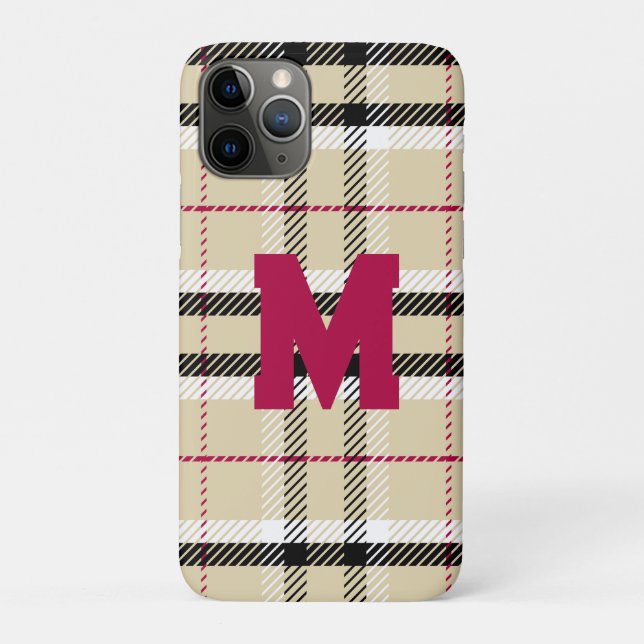 Beige Preppy Plaid Fashion Monogram Personalized Case-Mate iPhone Case (Back)