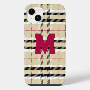 Beige Preppy Plaid Fashion Monogram Personalized iPhone 14 Plus Case