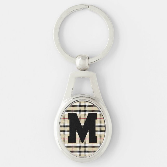 Beige Preppy Plaid Fashion Monogram Personalized Keychain (Front)