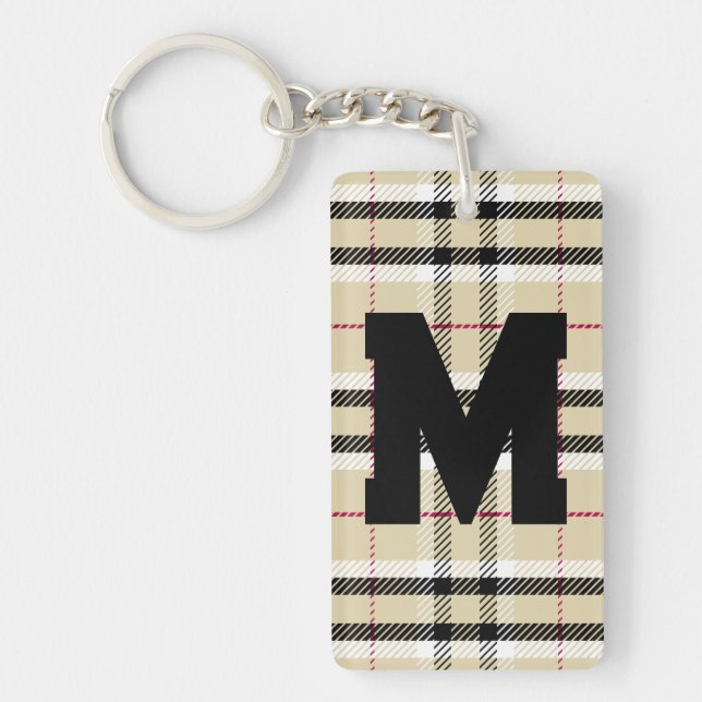 Beige Preppy Plaid Fashion Monogram Personalized Keychain (Front)