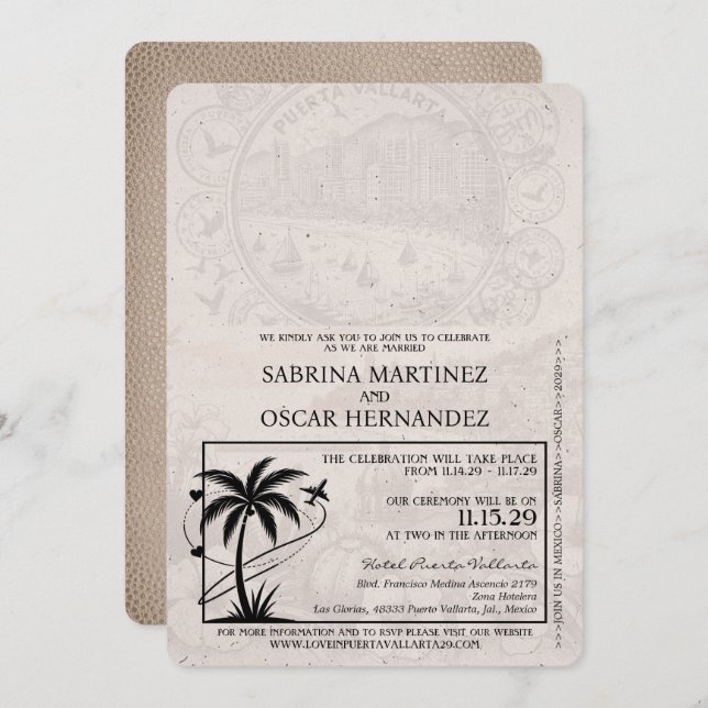 Beige Puerta Vallarta Passport Wedding Invitation (Front/Back)