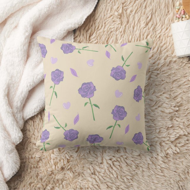 Beige Purple Rose Floral Boho Botanical Pattern Throw Pillow (Blanket)