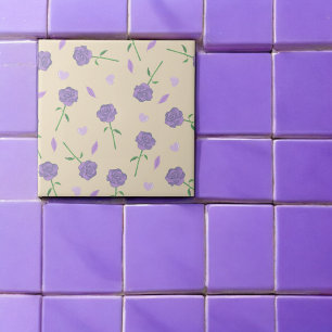 Beige Purple Rose Floral Boho Botanical Pattern Tile