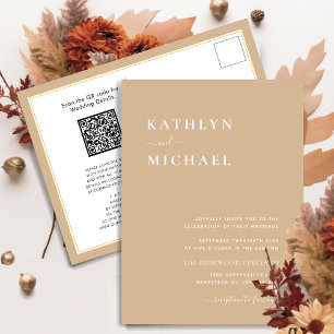 Beige QR Code All In One Modern Minimalist Wedding Invitation Postcard