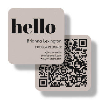Beige | QR Code Social Media Hello Square Business Card