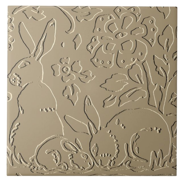 Beige Rabbit Embossed Woodland Foliage Elegant Tile (Front)