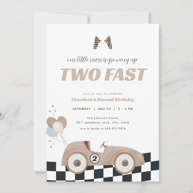 Beige Race Car Two Fast Second Birthday Invite  (Front)