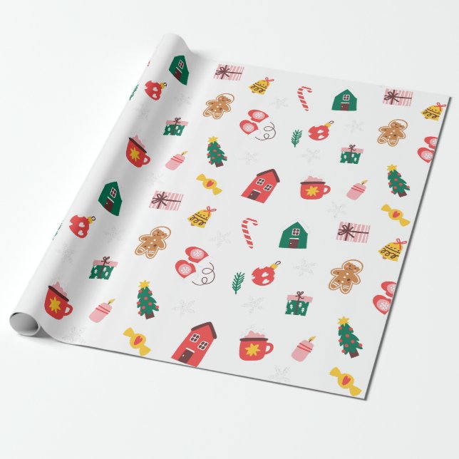 Beige Red and Green Cute Christmas Wrapping Paper (Unrolled)