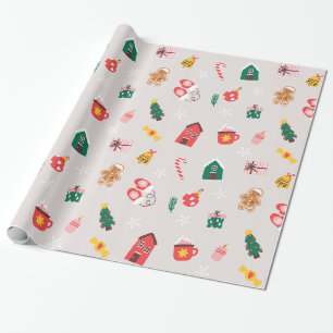 Beige Red and Green Cute Illustrated Christmas Wrapping Paper