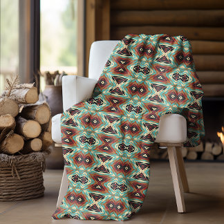 Beige Red Brown Aqua Blue Green Black Tribal Art Fleece Blanket