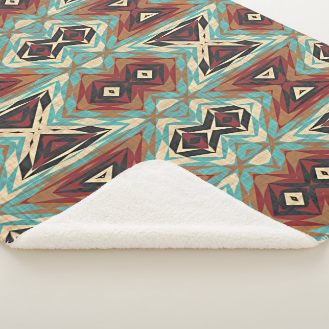 Beige Red Brown Aqua Blue Green Black Tribal Art Sherpa Blanket (3/4)