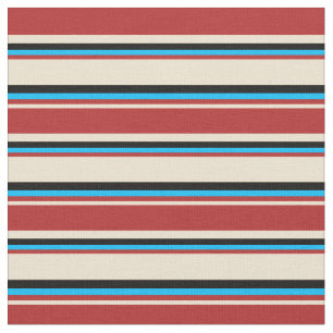 Beige, Red, Deep Sky Blue & Black Stripes Fabric