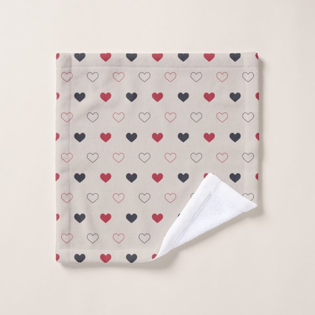 Beige & red Heart Seamless Pattern Cute Minimal Bath Towel Set (Wash Cloth)