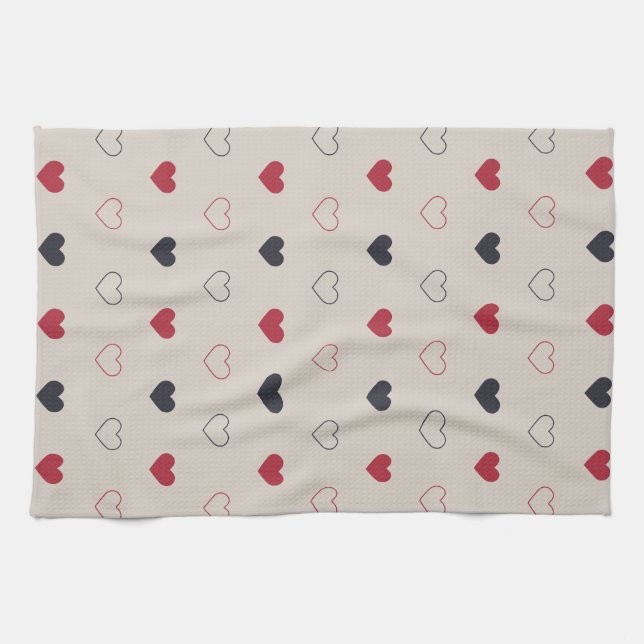 Beige & red Heart Seamless Pattern Cute Minimal Kitchen Towel (Horizontal)